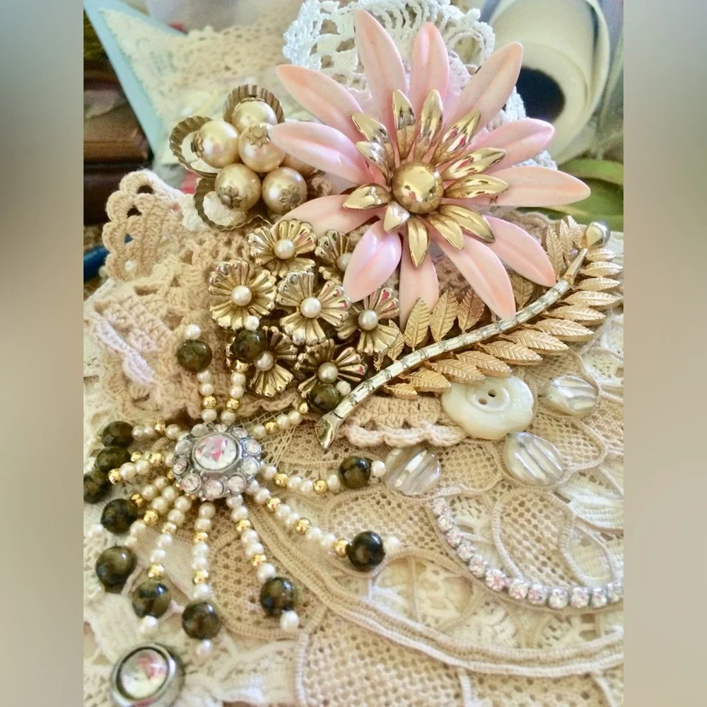 Handmade Large Jewelry Box Vintage Lace & Jewelry FLOWER BOUQUET Single Tray NWT